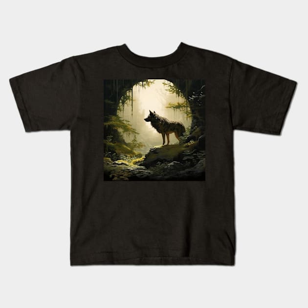 Mystic Wolf in Enchanted Forest Kids T-Shirt by vk09design